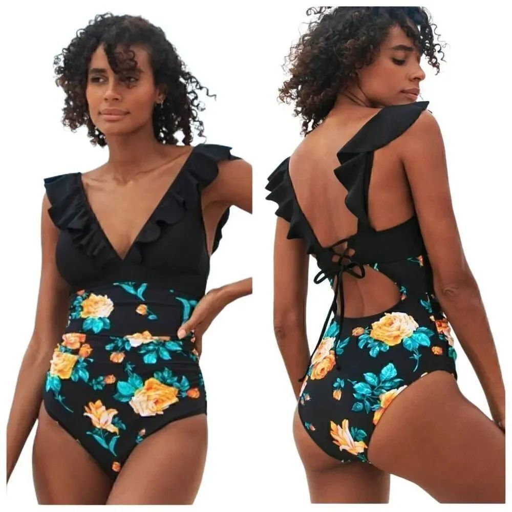 CUPSHE Black Floral Ruffled Lace Up Onepice Swimsuit Size Medium